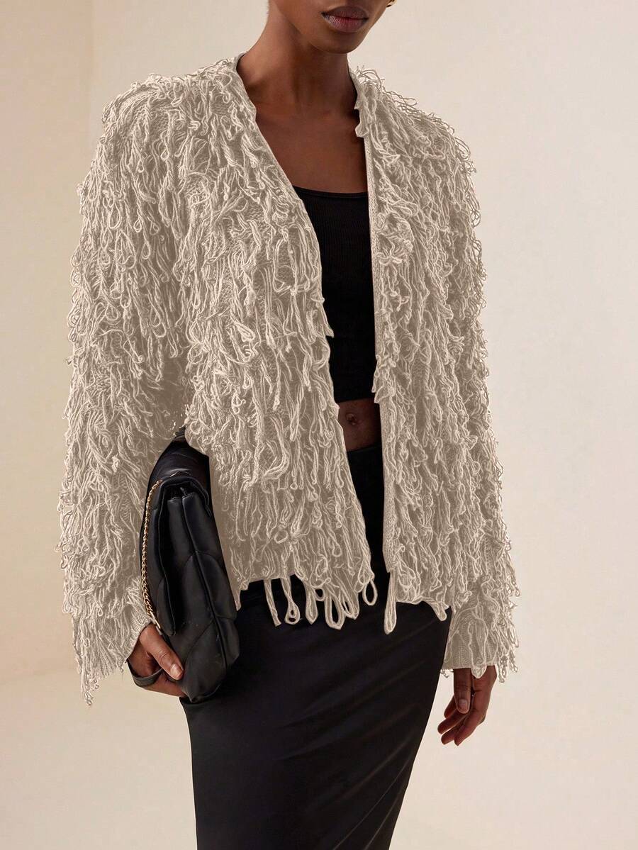 Vesra Women Casual Solid Color Open Front Loop Knit Cardigan Fall Winter Cloth For Women - Khaki - View 1