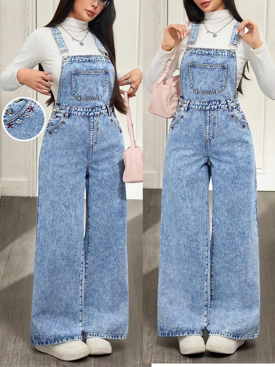SHEIN 青少年女孩 Y2K 学院风浅色水洗休闲花朵刺绣口袋宽松高腰阔腿牛仔裤牛仔背带裤连体裤（不含 T 恤），女孩秋冬装街头服饰，返校节服装，圣诞服装万圣节服装，适合上学、居家和旅行，刺绣牛仔裤 - 淺色水洗藍 - 查看 1