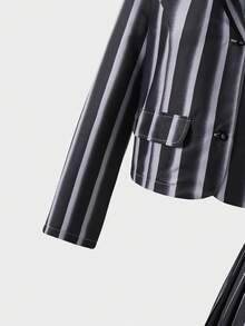 2pcs/Set Teen GirlDark Striped Blazer Jacket & Elastic Waist Pleated Skirt Suit, Casual School Style, Suitable For Autumn - Black - View 3