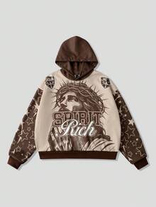 ROMWE MEN Street Life Men's Letter & Figure Jesus Print Casual Loose Fit Hoodie Sweatshirt, Long Sleeve Top - Brown - View 1