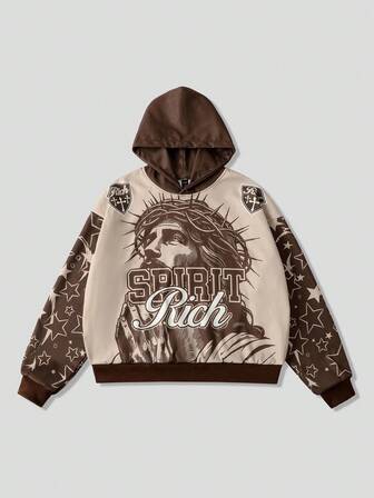 Street Life Herren Hoodie mit Buchstaben- und Figurenprint, lässiger, lockerer Passform