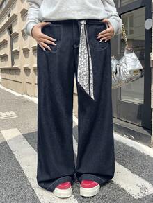 Rivivi Plus Size Women's Non-Stretch Jeans, Unique Design Casual Loose Straight Leg Jeans For Autumn, Versatile Cowboy Outfits For Women