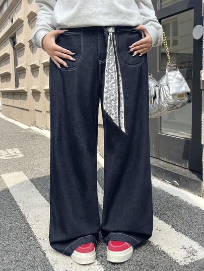 Rivivi Plus Size Women's Non-Stretch Jeans, Unique Design Casual Loose Straight Leg Jeans For Autumn, Versatile Cowboy Outfits For Women