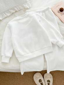 Genkimix Kids 2pcs/Set Young Girl Bow Embroidered Decor Polar Fleece Casual Round Neck Sweatshirt+ Solid Color Wide Leg Casual Pant, Lounge Set - White - View 6