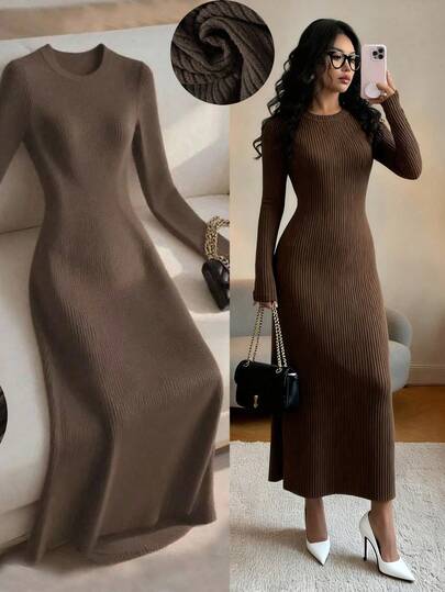 Franclia Striped Textured Elegant Round Neck Mid-Length Dress For Women