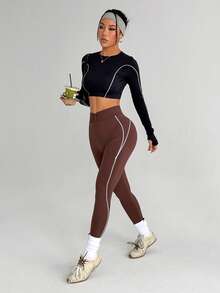 Dewbera Contrast Stitching High Waist Seamless Sports Leggings - Coffee Brown - View 5