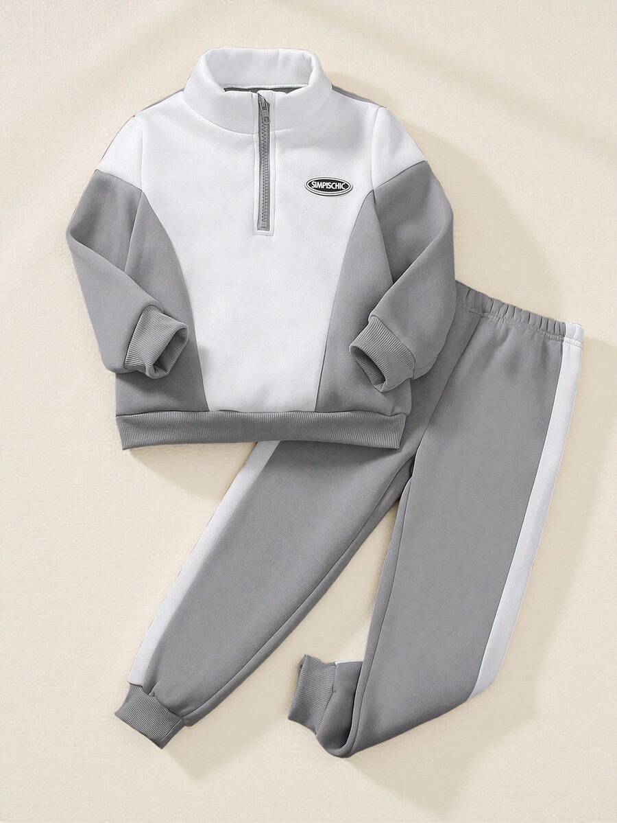SHEIN Explorewe 2pcs/Set Young Boy Color Block Fleece Sweatshirt And Pants Set, Suitable For Autumn/Winter Fall - Multicolor - View 1