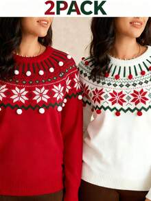 Nubod Set de 2 suéteres de punto con decoración de copos de nieve navideños, estilo vintage versátil y de moda para tallas grandes, conjunto a juego