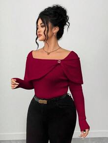 Elenzga 大码女式优雅设计针织套头衫 - 酒紅色 - 查看 3