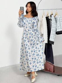 SHEIN 少女休闲简约舒适碎花后背系带长袖连衣裙 - 彩色 - 查看 3