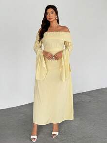 Firerie Plus Size Women's Elegant Yellow Autumn Off-Shoulder Slit Flare Long Sleeve Ruched Slim A-Line Midi Dress For Party Graduation Ceremony Vacation - Yellow - View 3