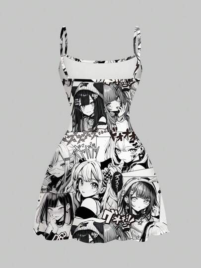 Anime Y2K Anime Girl Black White Gray Vintage Sexy Allover Print Mini Slip Dress For Women