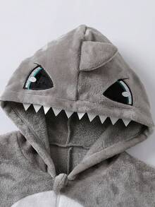 青少年男孩鲨鱼连帽羊毛睡衣，灰色，长袖连体衣，秋冬季睡衣 - 灰色 - 查看 3