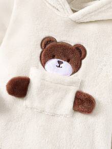 SHEIN Korean Style Casual Minimalist Baby Girls' Hooded Fleece Cartoon Bear Embroidered Sweatshirt Dress, Winter - Beige - View 6