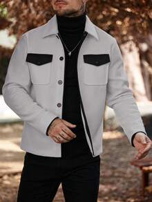 Manfinity Homme 男士休闲时尚街头撞色翻盖口袋单排扣羊毛大衣，秋冬 - 灰色 - 查看 5