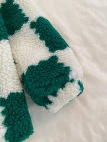 SHEIN 1 szt. Zimowa, modna, swobodna, prosta kurtka w kolorze morelowym z zielonym wzorem w kratę, z kołnierzem z futra i długim rękawem, odpowiednia do szkoły i codziennego noszenia