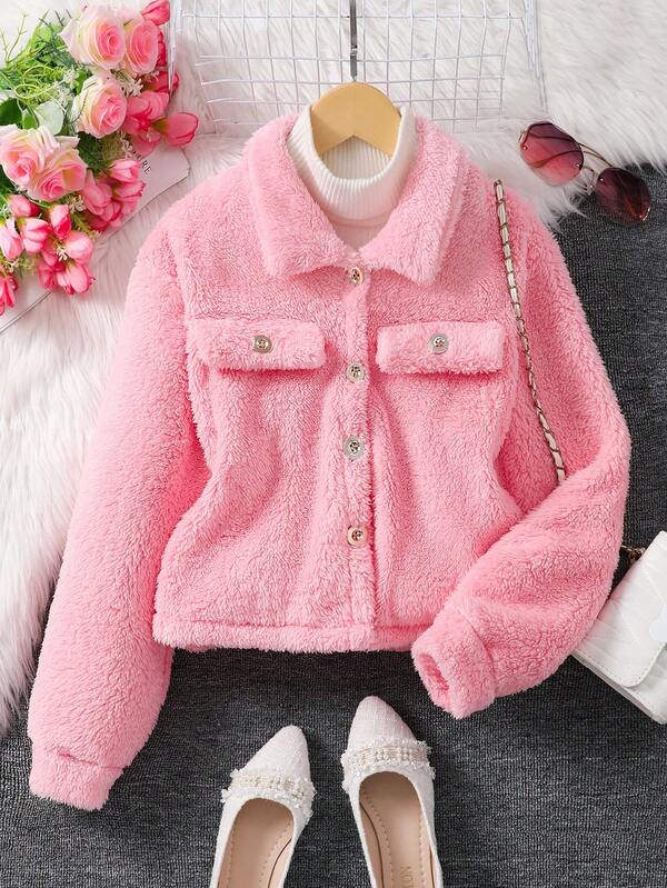 Tween Girl Plain Long Sleeve Lapel Fluffy Jacket