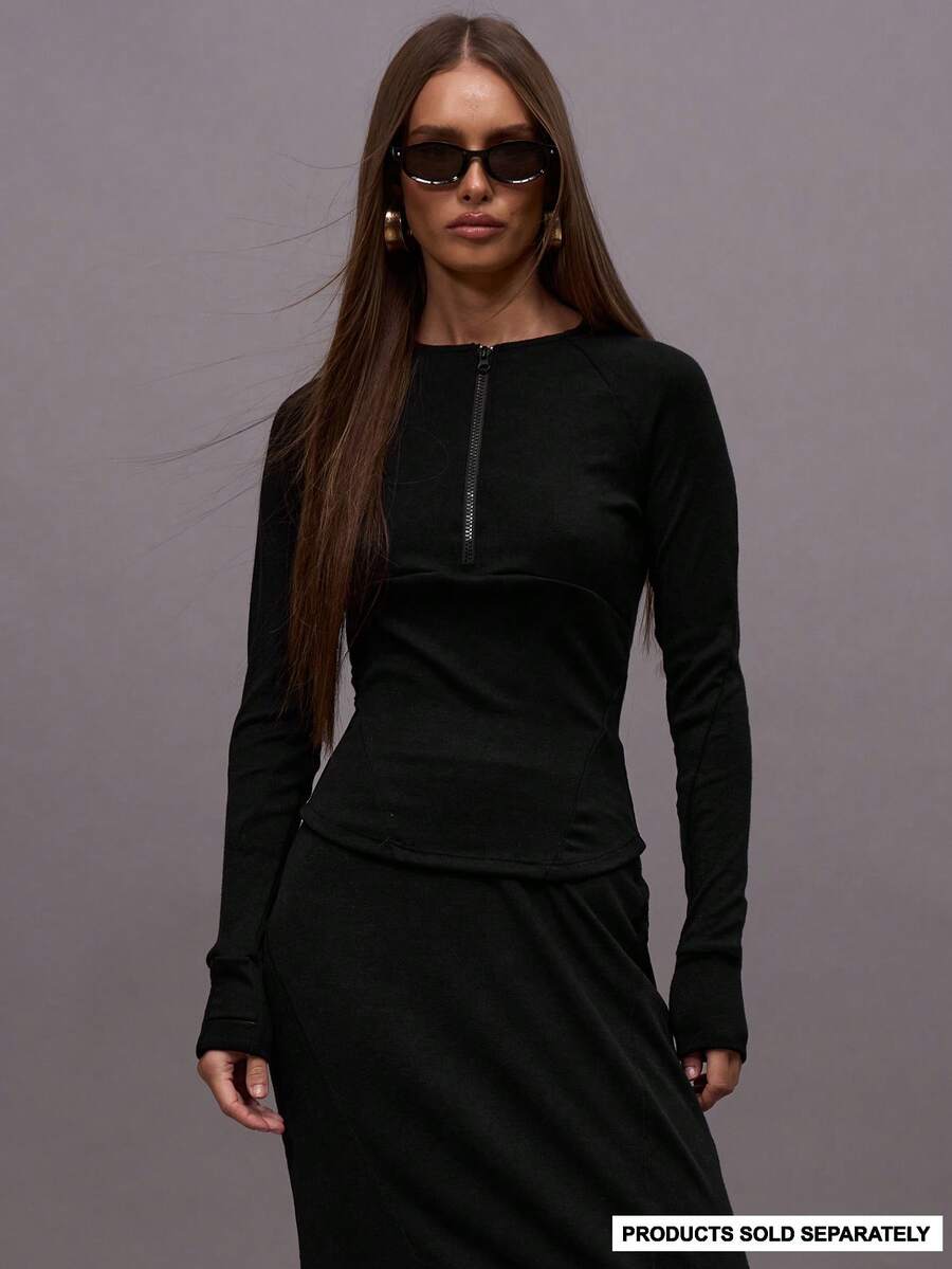 MUSERA Panelled Zip Through Raglan Long Sleeve Top Only Autumn Fall  Night Out Going Out Streetwear Cute Sexy Festive Holidays Party Spring Summer - Black - View 1