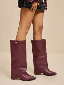 Daringsoles 女式尖头粗跟绒面西部流苏靴，修身高筒靴 - 酒紅色 - 查看 3