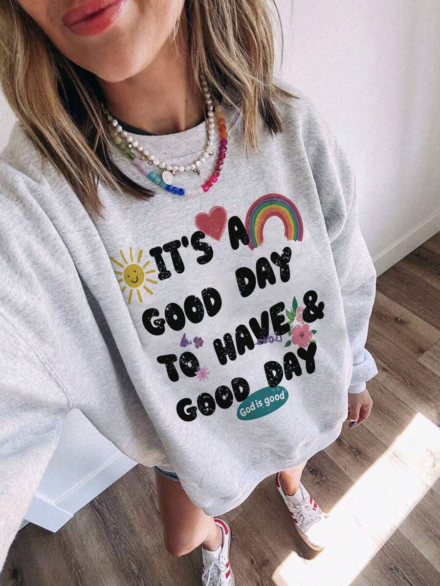 INAWLY Women's Letter Graphic Crew Neck Pullover Sweatshirt - Grey - View 1