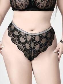 ROMWE Avant Plus Size Sexy Metallic Thread Contrast Color Lace Sheer Panties - Black - View 3