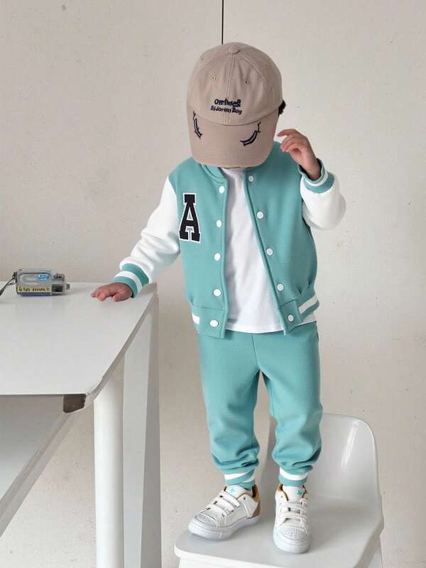 SHEIN 2pcs Baby Boy Casual Daily Wear Sporty Simple Letter Printed Jacket And Pants Set, Suitable For Outing