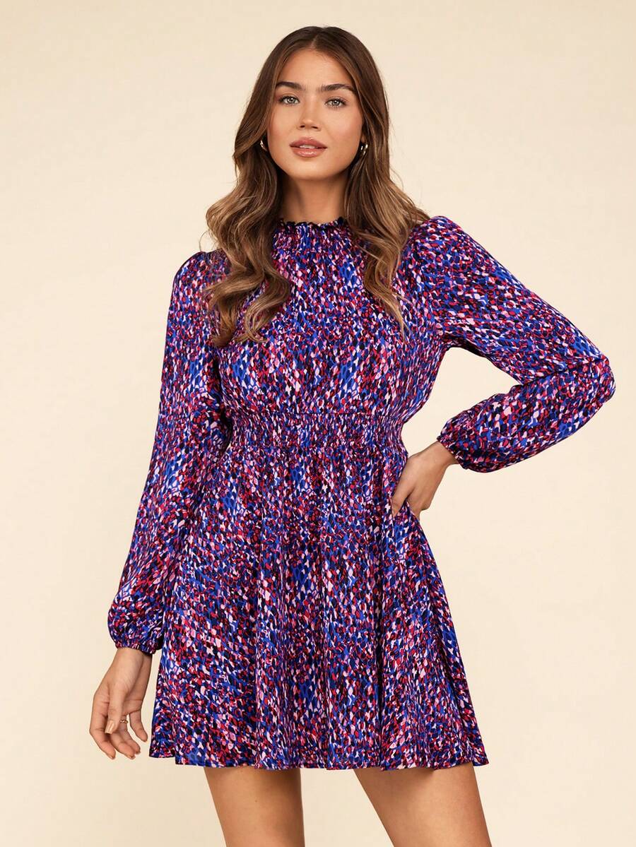 Coeurva Women's Lantern Sleeve Printed Dress - Multicolor - View 1