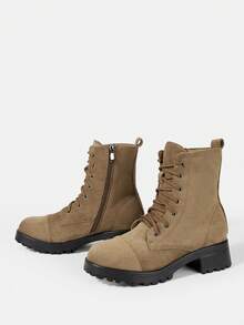 Styleloop Giày bốt cổ ngắn buộc dây đế dày thời trang nữ, bốt Chelsea cổ điển có khóa kéo bên hông và gót chunky, phù hợp cho Giáng sinh, Halloween, lễ hội âm nhạc, phong cách boho mùa thu. - màu nâu - Xem 4