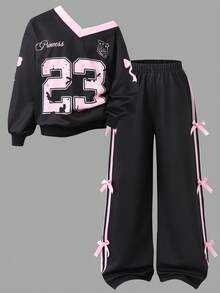 Sparklyn 2 件套女孩休闲时尚街头风格数字和英文字母星星图案 V 领宽松长袖上衣和阔腿运动裤运动套装，日常穿着