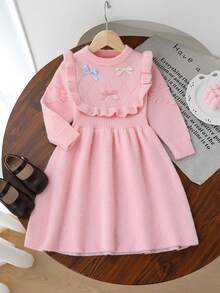 Young Girl Unique Patterned Heart & Bow Ruffle Hem Dress,Pink Autumn Fairy Sweater Dress,Long Sleeve Toddler Girls Fall Outfits Winter Clothes - Pink - View 1