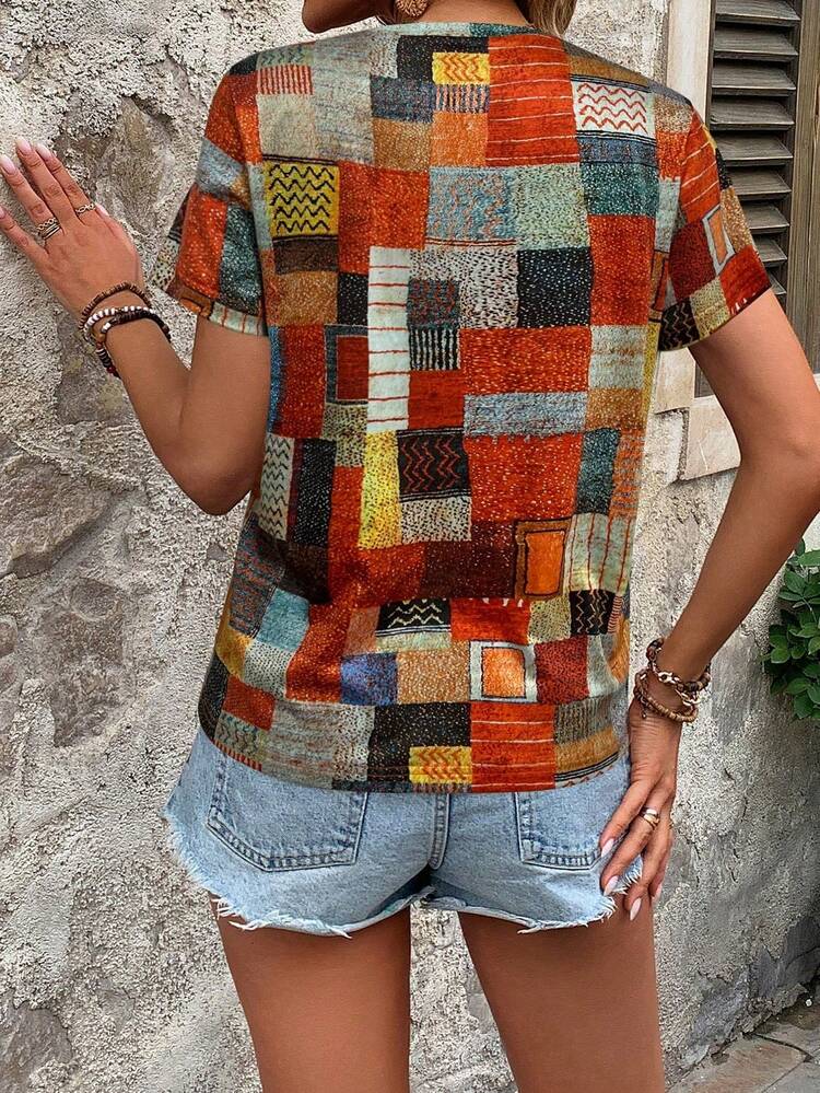 EMERY ROSE Camiseta de mujer de manga corta con bloque de color para el verano, camiseta gráfica para mujeres - Multicolor - Añade 2