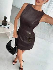 Lavishia 女士时尚 PU 性感复古抹胸迷你连衣裙 夏季母亲节装扮 女士夏季装扮 毕业礼服 夏季服装 女士夏季连衣裙 - 巧克力棕 - 查看 4