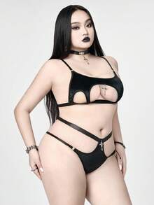 ROMWE Plus Size Gothic Velvet Cross Lingerie Set, Sexy - Black - View 5