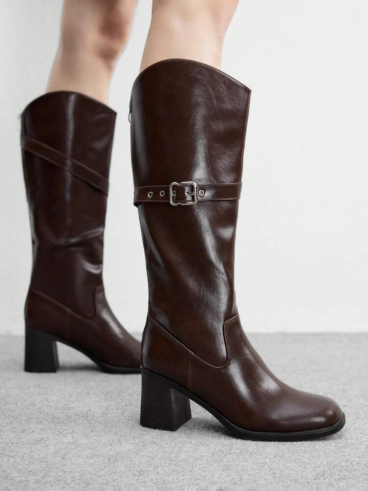 CUCCOO BIZCHIC Women's Fashion Over-The-Knee Boots, Square Toe Chunky Heel Design, Solid Coffee Color, Back Zipper With Multi-Strap Design, Versatile With Skirts, Jeans, Coats, Suitable For Autumn/Winter, Fashion Shows, Commuting, Stylish Women's Tall Boots