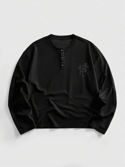 Street Life Camiseta casual de cuello redondo de manga larga de unicolor con media cremallera, versátil para hombres