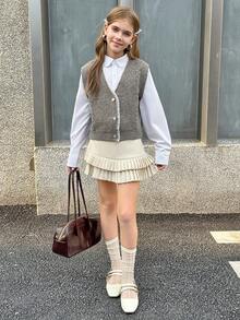 Tween Girl Contrast Lace Button Up Cardigan, Back To School For Tween Girl Autumn/Winter Look Fall - Grey - View 7