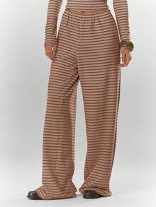 MUSERA Low Rise Striped Wide Leg Trousers Fall Autumn Cosy Cute Casual Coffee Club  Party Summer - Brown - View 2