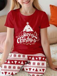 SHEIN Leap Crew Giáng sinh vui vẻ! Cây thông Noel cổ điển, Bông tuyết, Người tuyết in họa tiết Fair Isle, Bộ đồ ngủ dài tay mềm mại, thoải mái cho bé gái tuổi vị thành niên, Vừa vặn, Thích hợp cho mùa thu/đông, Tiệc đồ ngủ Giáng sinh, Bộ đồ ngủ cho bé gái tuổi vị thành niên, Bộ đồ ngủ Giáng sinh màu trắng kem, Bộ đồ ngủ đơn vừa vặn, Bộ đồ ngủ 2 mảnh tay ngắn, Bộ đồ ngủ Giáng sinh - Nhiều màu - Xem 5