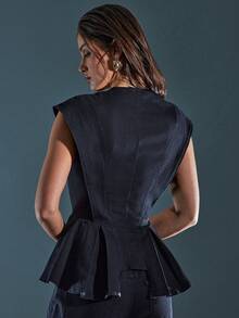 Denimoi 无袖纽扣式褶皱下摆牛仔上衣 - 黑色 - 查看 5