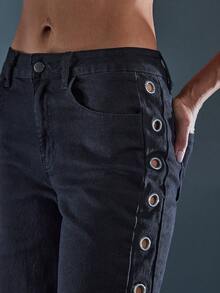 Denimoi Jeans décontractés coupe ample pour femmes avec poches latérales et décoration d'œillets - Noir - Voir 2