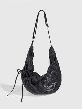 Kawaii 1 Pc Korean-Style  Drawstring Lightweight Casual Crossbody Bag, Versatile For Sports, Fitness And Travel, Large-Capacity Bag With Star, Heart And Musical Note Decorative Pleats, Y2K Moon-Tooth Bag