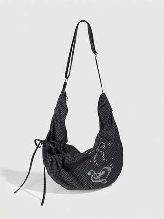 Kawaii 1 Pc Korean-Style  Drawstring Lightweight Casual Crossbody Bag, Versatile For Sports, Fitness And Travel, Large-Capacity Bag With Star, Heart And Musical Note Decorative Pleats, Y2K Moon-Tooth Bag