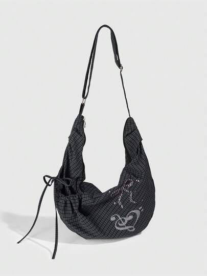 Kawaii 1 Pc Korean-Style  Drawstring Lightweight Casual Crossbody Bag, Versatile For Sports, Fitness And Travel, Large-Capacity Bag With Star, Heart And Musical Note Decorative Pleats, Y2K Moon-Tooth Bag