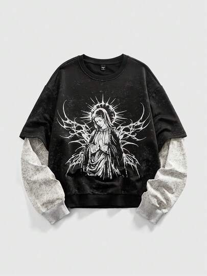 Street Life Men's Contrast Color Patchwork Virgin Mary Print 2 In 1 Long Sleeve T-Shirt