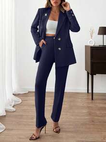 EURMUSE Women Solid Color Suit Sets Blazer Jacket And Pants Rhinestone And Button Front Detailed - Navy Blue - View 4