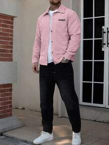 Manfinity Homme Áo khoác bomber dài tay nam bằng vải nhung kẻ, kiểu dáng thường ngày, thích hợp cho mùa xuân thu. Món quà tuyệt vời dành cho bạn trai hoặc chồng. Áo khoác hồng nam. - Hồng - Xem 7