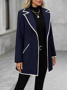 EMERY ROSE 女士秋冬翻领长袖口袋羊毛大衣 - 藍白色 - 查看 9