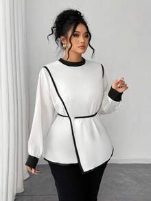 Elenzga بلوزة أنيقة متعددة الاستخدامات مناسبة للارتداء اليومي والحفلات، مقاسات كبيرة، من قماش منسوج بتصميم كتل لونية، ياقة دائرية، أكمام فضفاضة، خصر مربوط