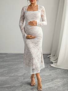 SHEIN 孕妇装白色蕾丝拼布方领优雅长袖连衣裙 - 白色 - 查看 1
