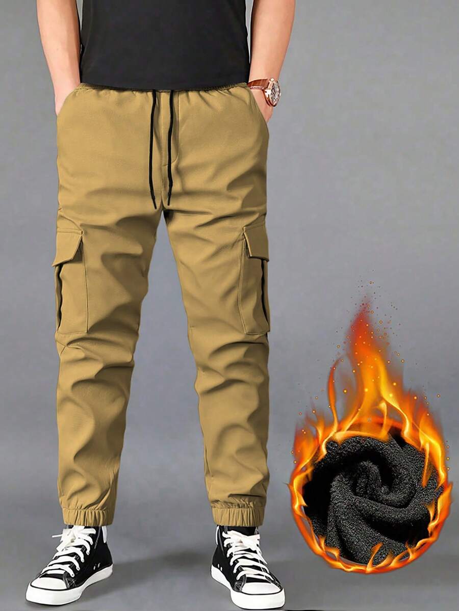 Manfinity Homme Quần jogger nam Manfinity màu trơn, lót giữ nhiệt, có dây rút ở eo, túi hộp, thích hợp mặc hàng ngày, đi chơi cuối tuần, hoạt động ngoài trời, du lịch, môi trường làm việc thoải mái hoặc các dịp bán trang trọng, quà tặng cho bạn trai/chồng, quà kỷ niệm, quà Giáng sinh. - Màu Khaki - Xem 1